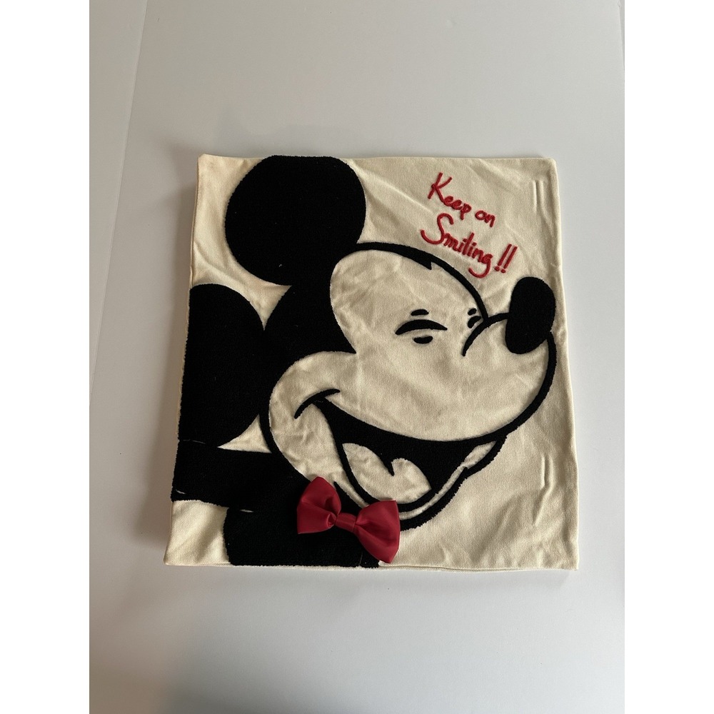 Disney Store Mickey Mouse Keep On Smiling Pillow Cover 16x16 Black White Red